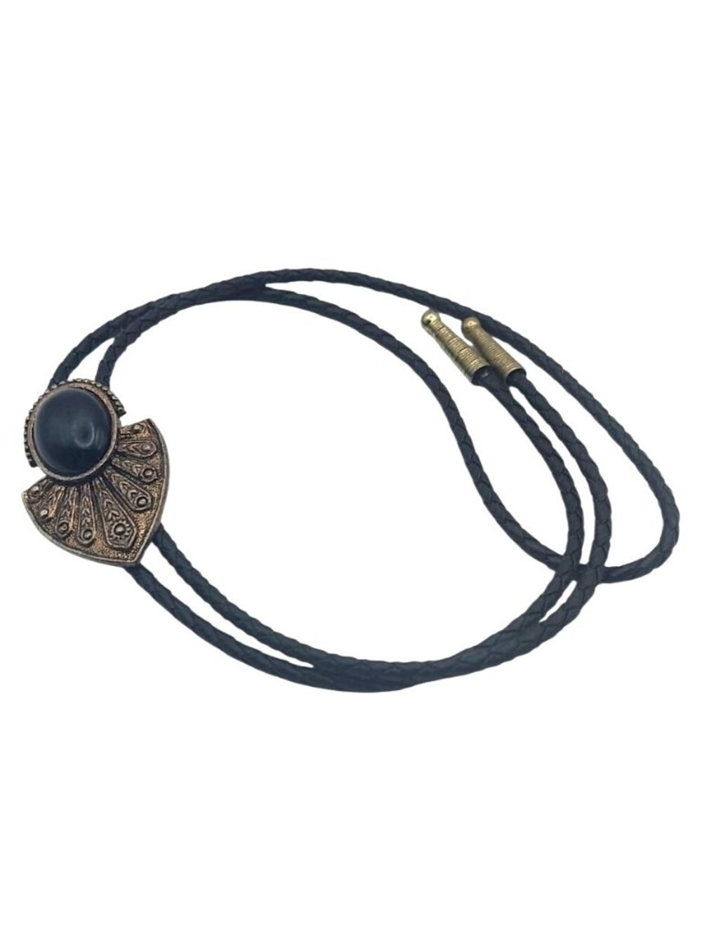 Mens Western Black Bolo Tie Faux Onyx Bronze Tone Slide Braided Cord Cowboy
